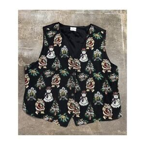 Bobbie Brooks 90s Tapestry Ugly Christmas Holiday Vest Santa Snowman Tree Large